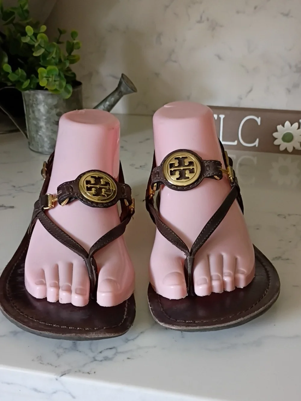 Tory Burch Brown Leather Sandals with Gold Logo Medallions